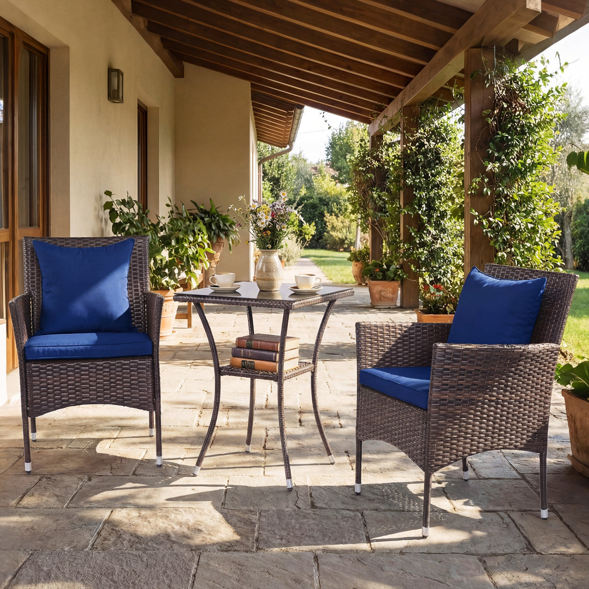 3-Piece Patio Furniture Set Rattan Bistro Chairs with 2-Tier Tempered