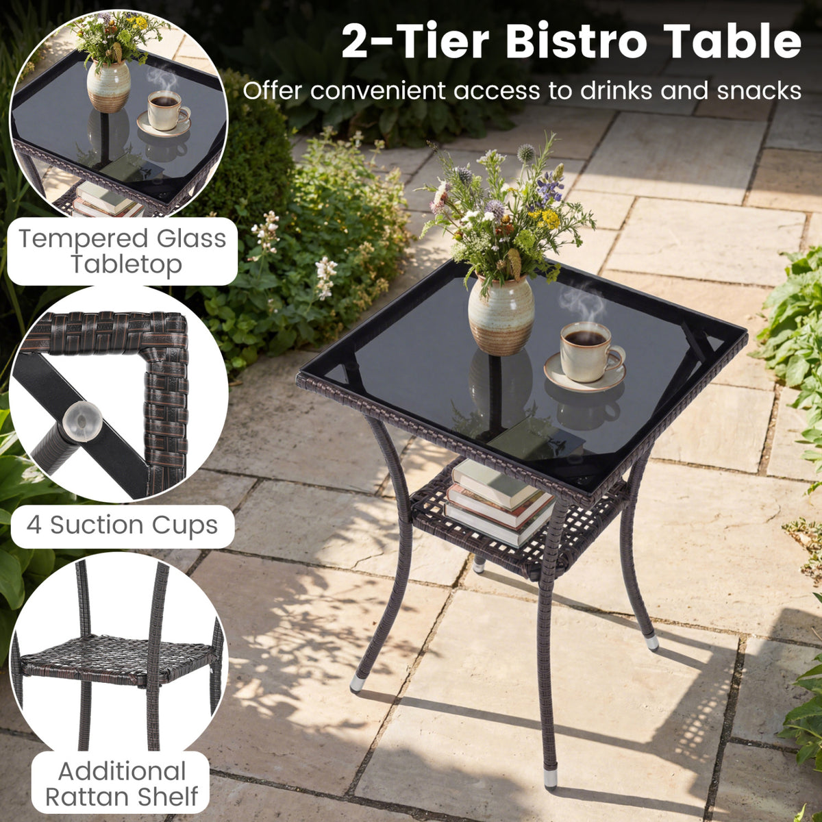 3-Piece Patio Furniture Set Rattan Bistro Chairs with 2-Tier Tempered