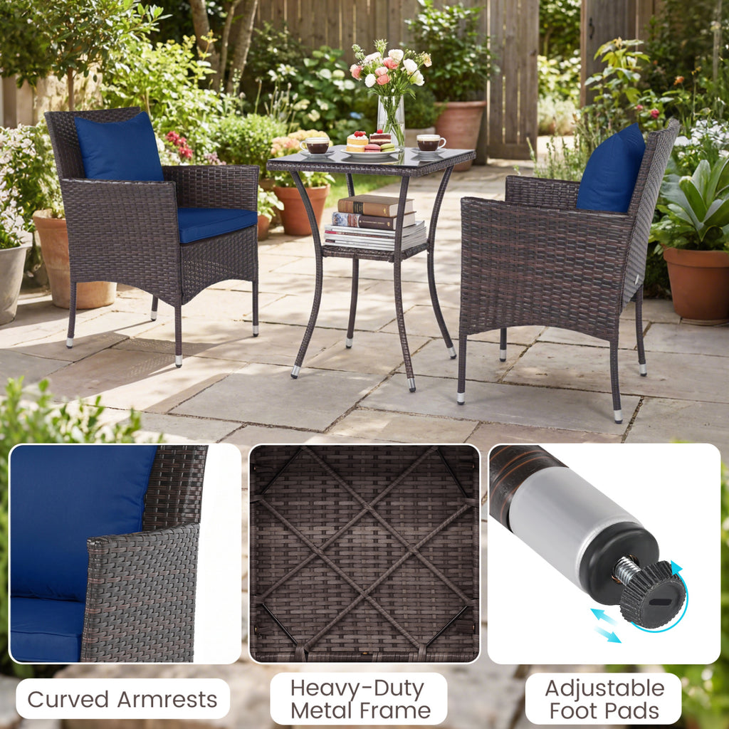 3-Piece Patio Furniture Set Rattan Bistro Chairs with 2-Tier Tempered