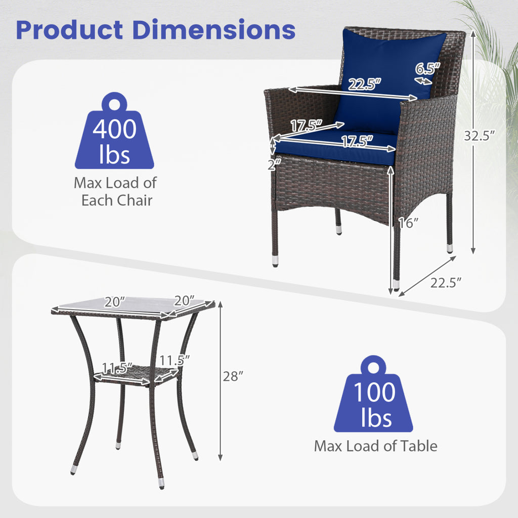 3-Piece Patio Furniture Set Rattan Bistro Chairs with 2-Tier Tempered