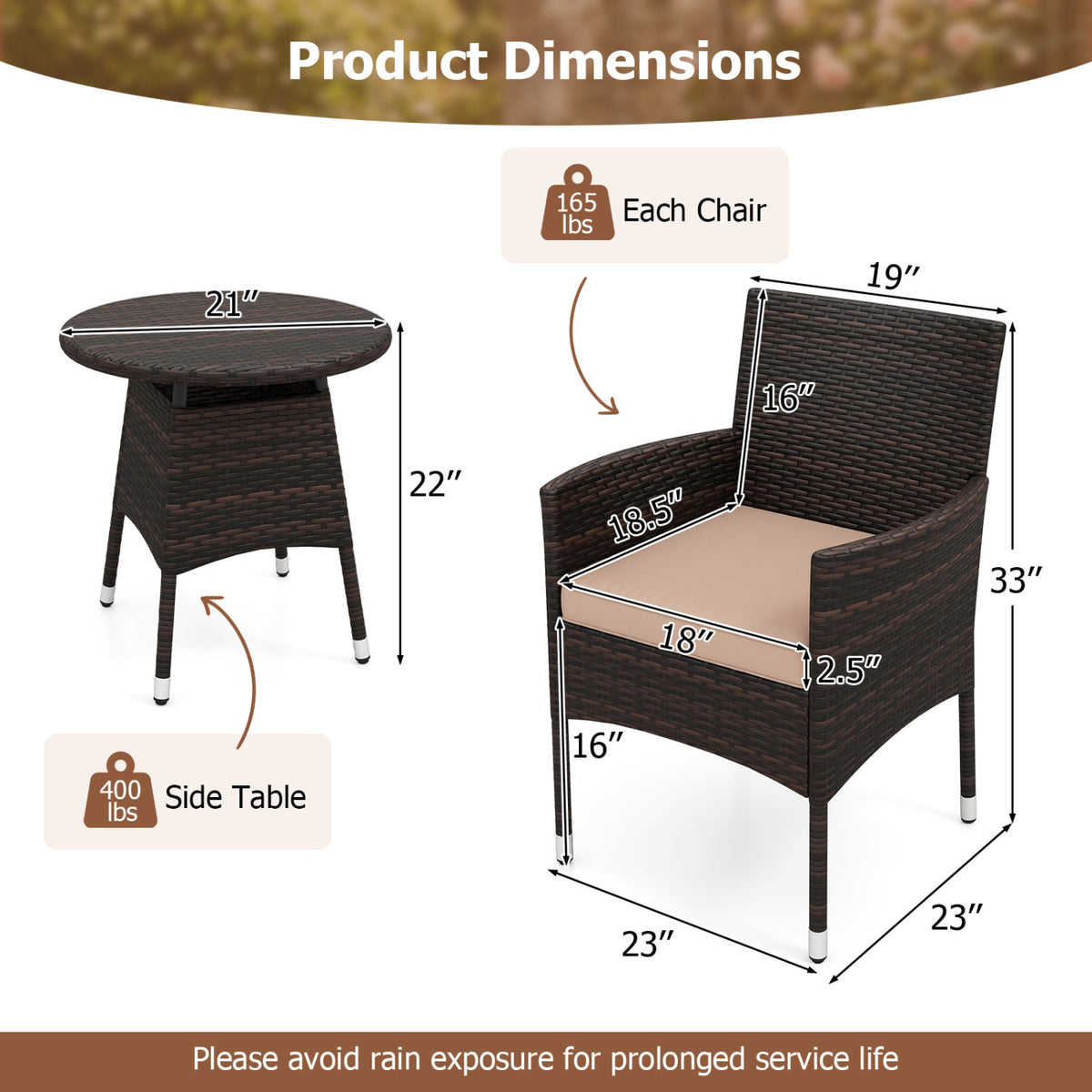 3 Piece Patio Furniture Set Outside Bistro for Porch