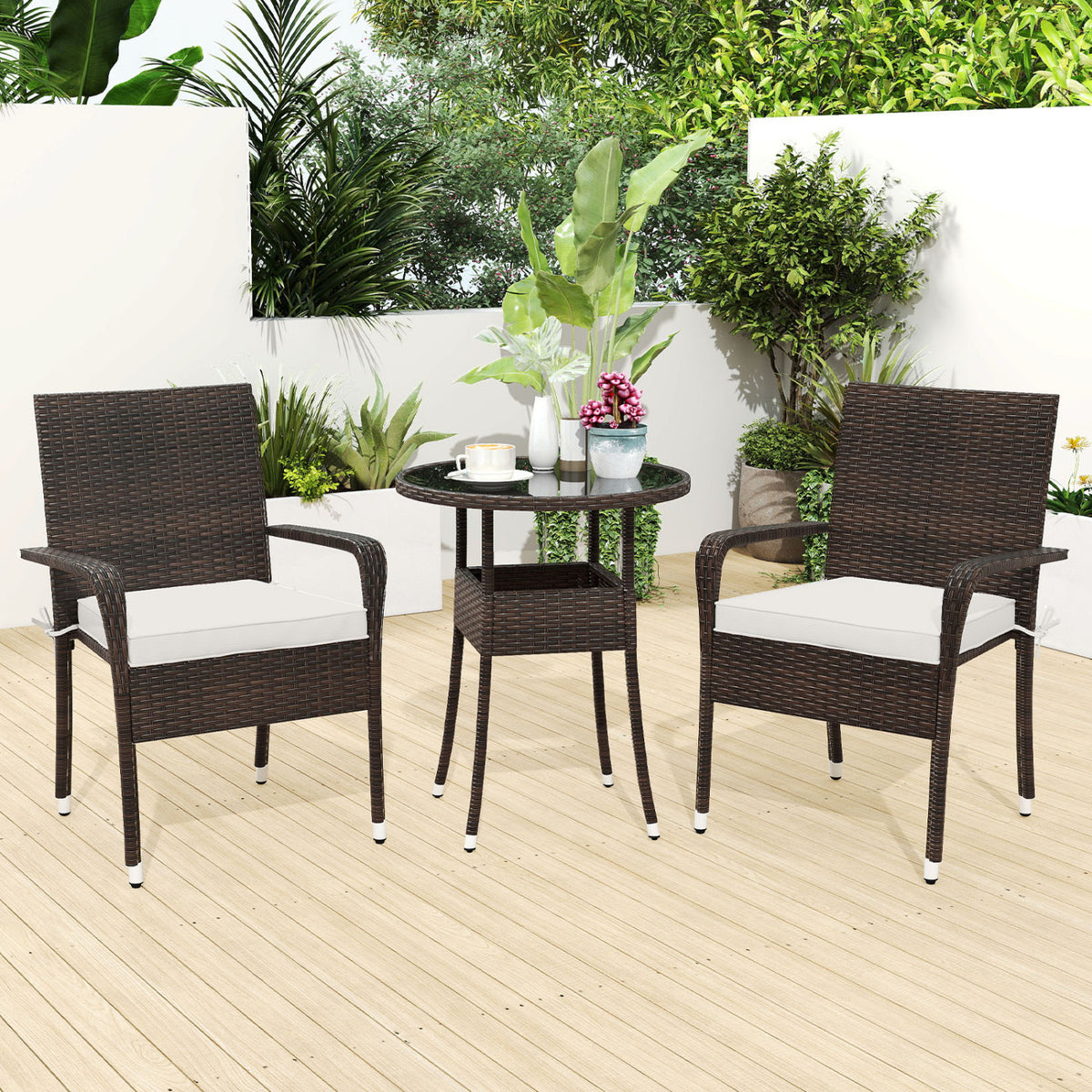 3-Piece Patio Furniture Set PE Rattan Wicker Chairs with Tempered Glass Top Table - White