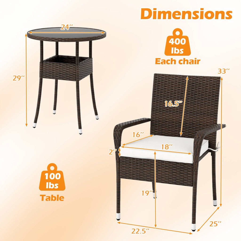 3-Piece Patio Furniture Set PE Rattan Wicker Chairs with Tempered Glass Top Table - White