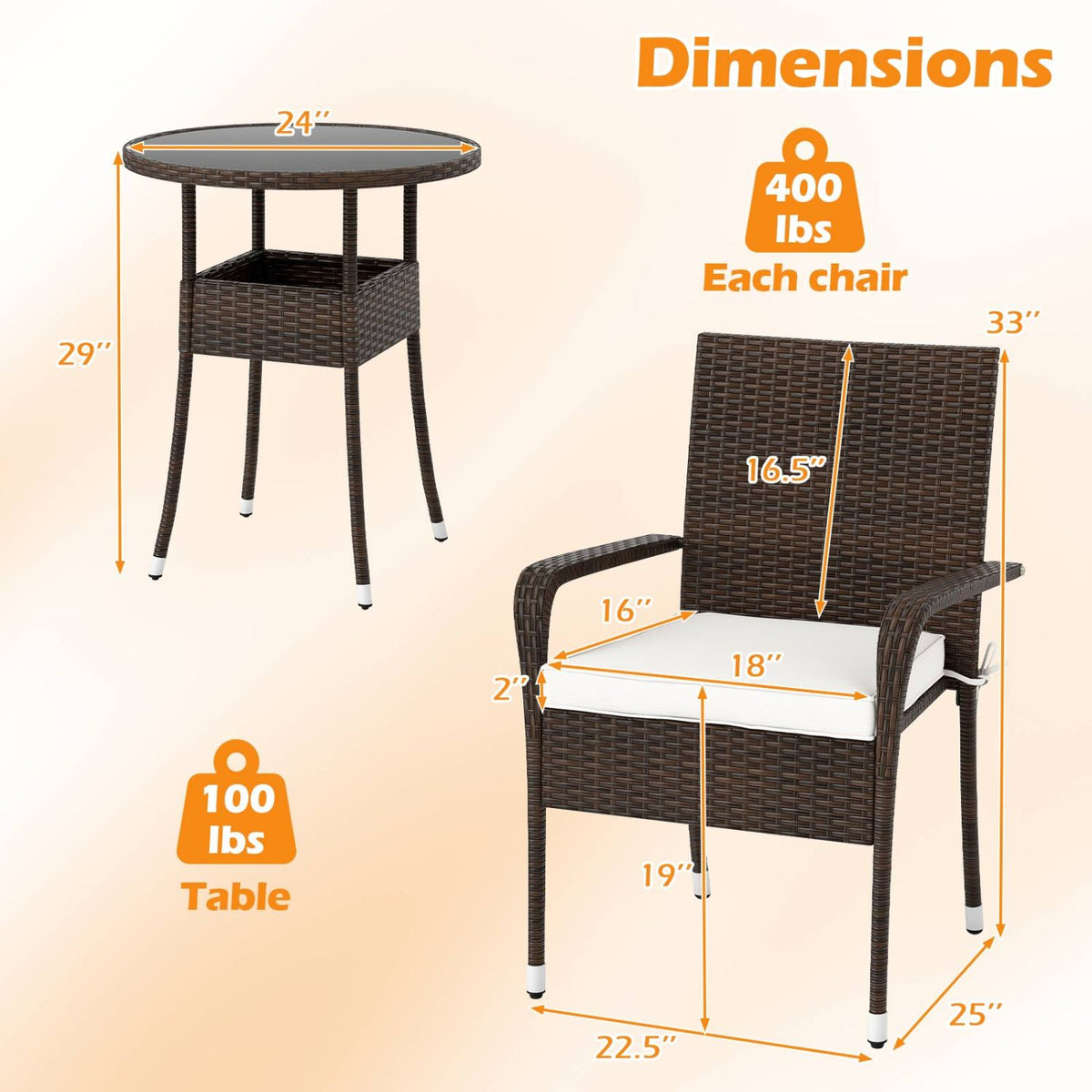 3-Piece Patio Furniture Set PE Rattan Wicker Chairs with Tempered Glass Top Table - White