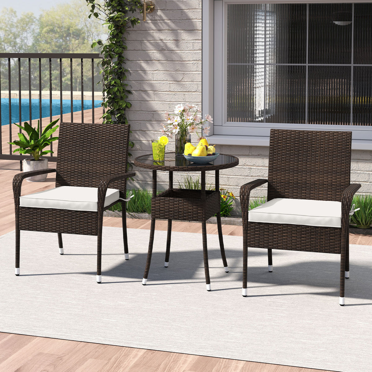 3-Piece Patio Furniture Set PE Rattan Wicker Chairs with Tempered Glass Top Table - White