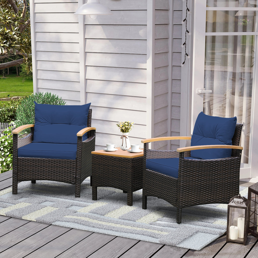 3-Piece Patio Rattan Furniture Set with Cushions – Navy