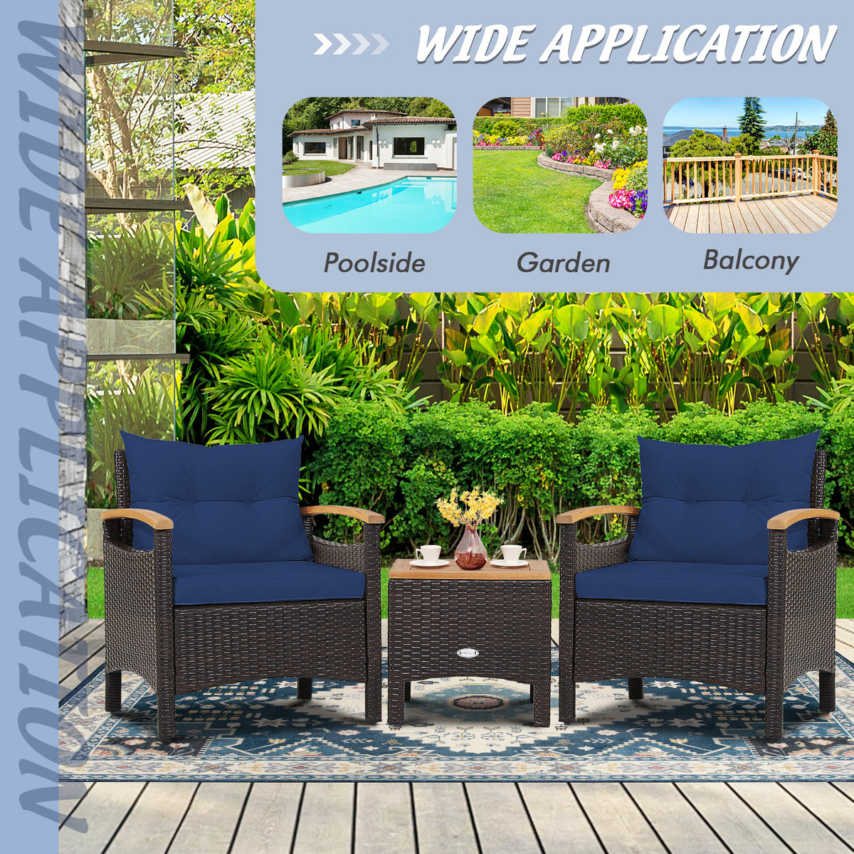 3-Piece Patio Rattan Furniture Set with Cushions – Navy