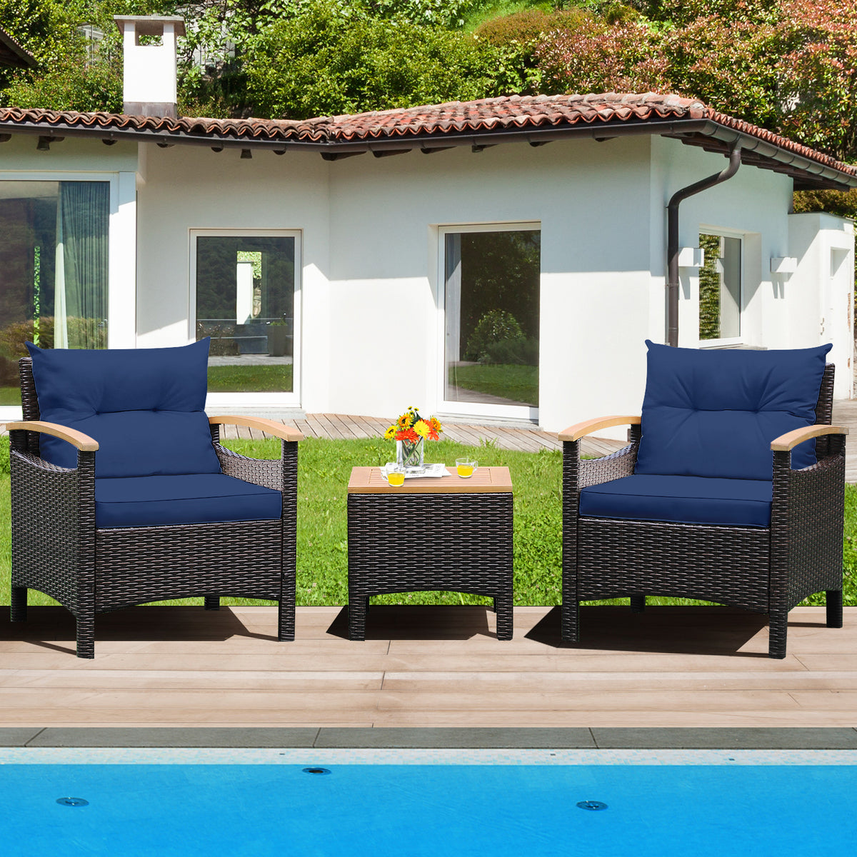 3-Piece Patio Rattan Furniture Set with Cushions – Navy