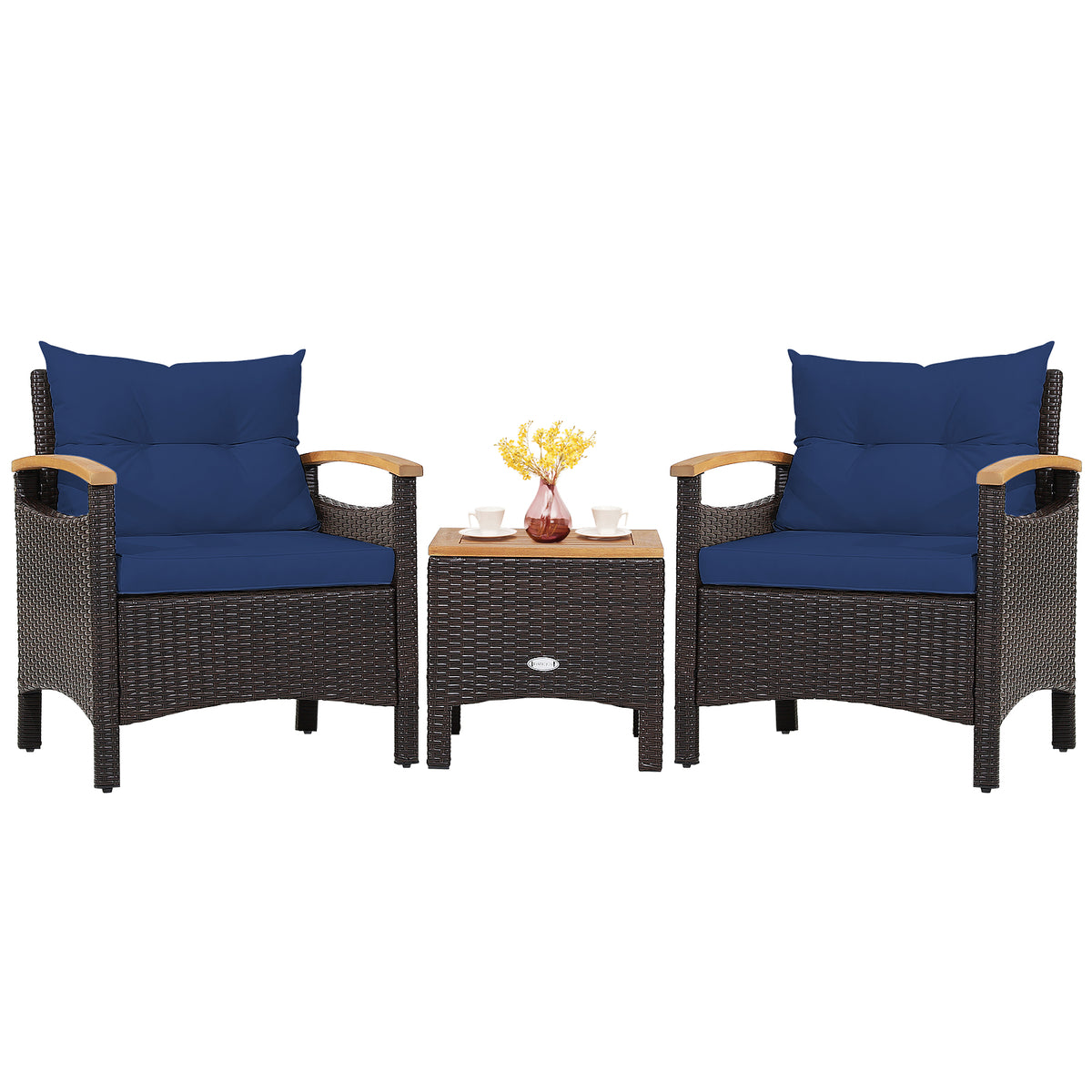 3-Piece Patio Rattan Furniture Set with Cushions – Navy