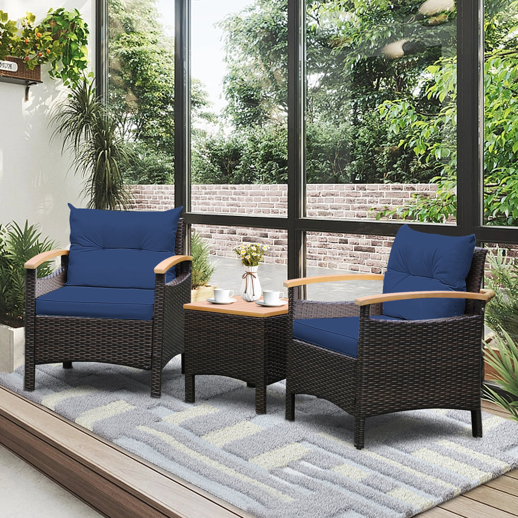 3-Piece Patio Rattan Furniture Set with Cushions – Navy