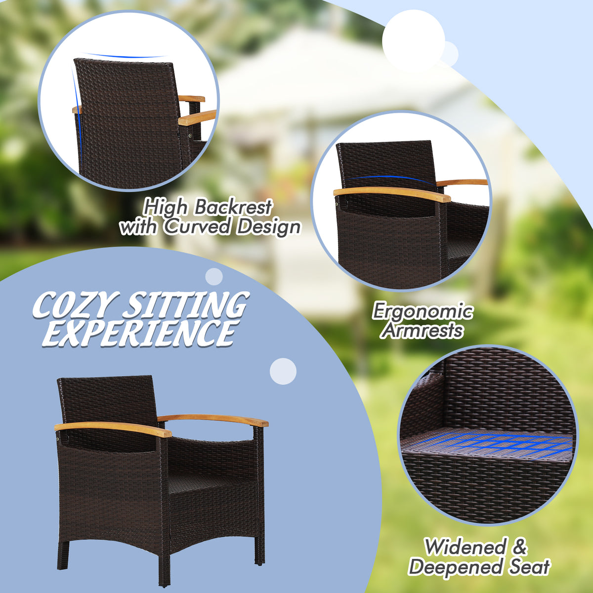 3-Piece Patio Rattan Furniture Set with Cushions – Navy