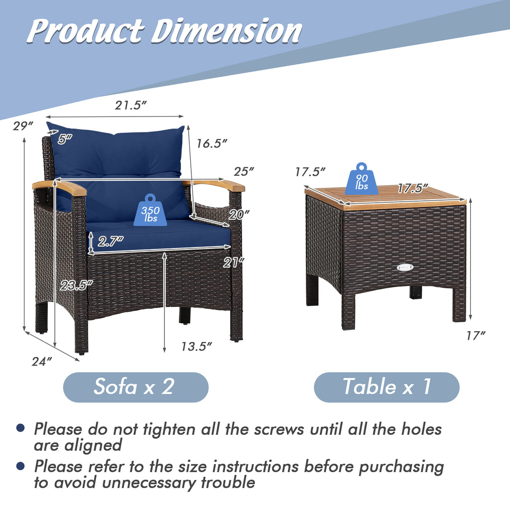 3-Piece Patio Rattan Furniture Set with Cushions – Navy