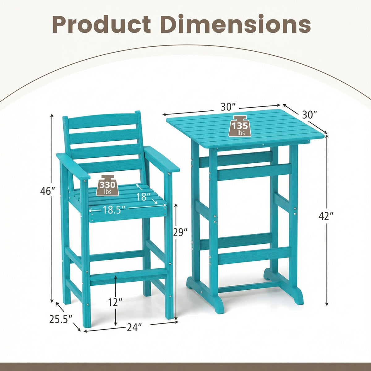 3-Piece Patio HDPE Bar Set with Square High-Top Table for Backyard