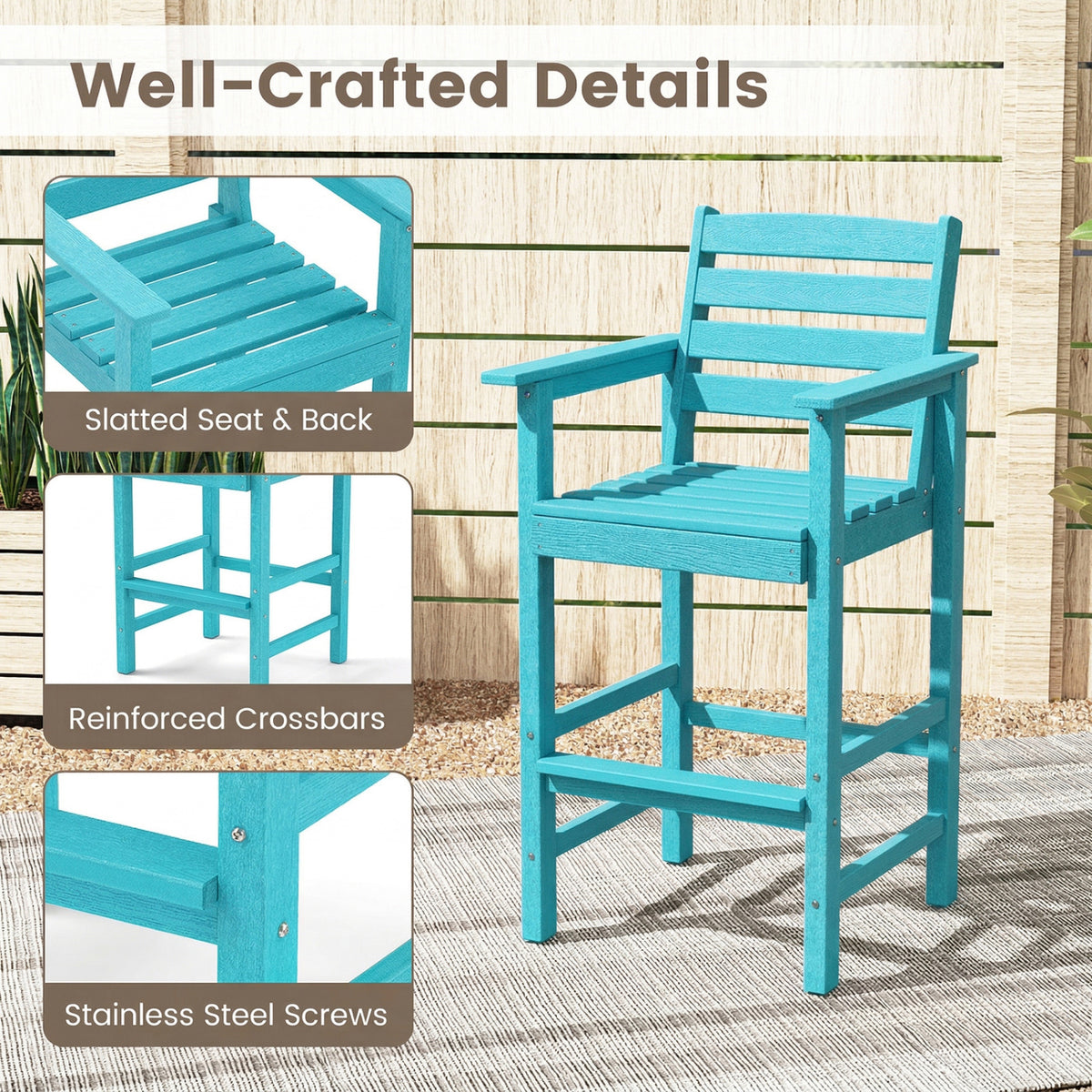 3-Piece Patio HDPE Bar Set with Square High-Top Table for Backyard