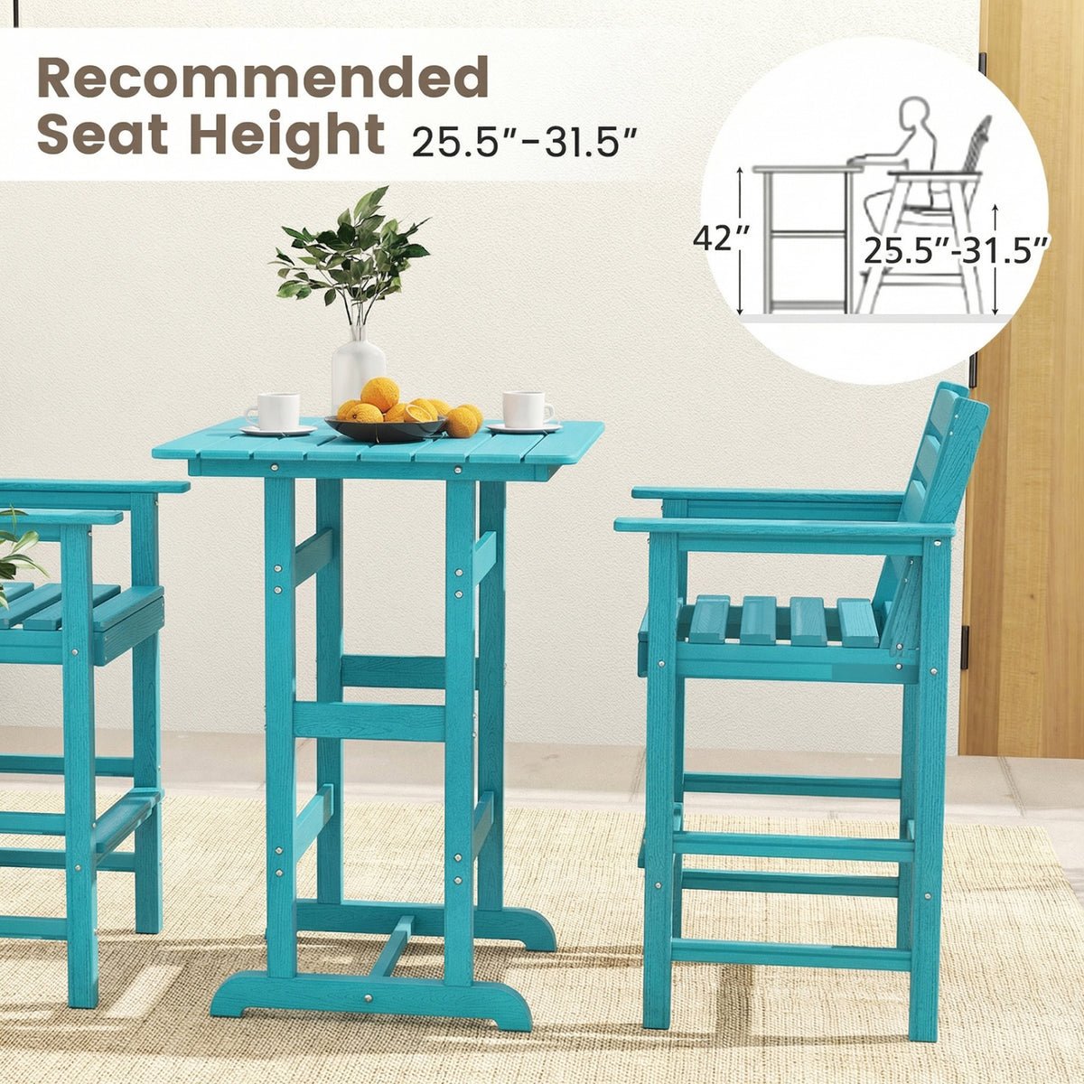 3-Piece Patio HDPE Bar Set with Square High-Top Table for Backyard