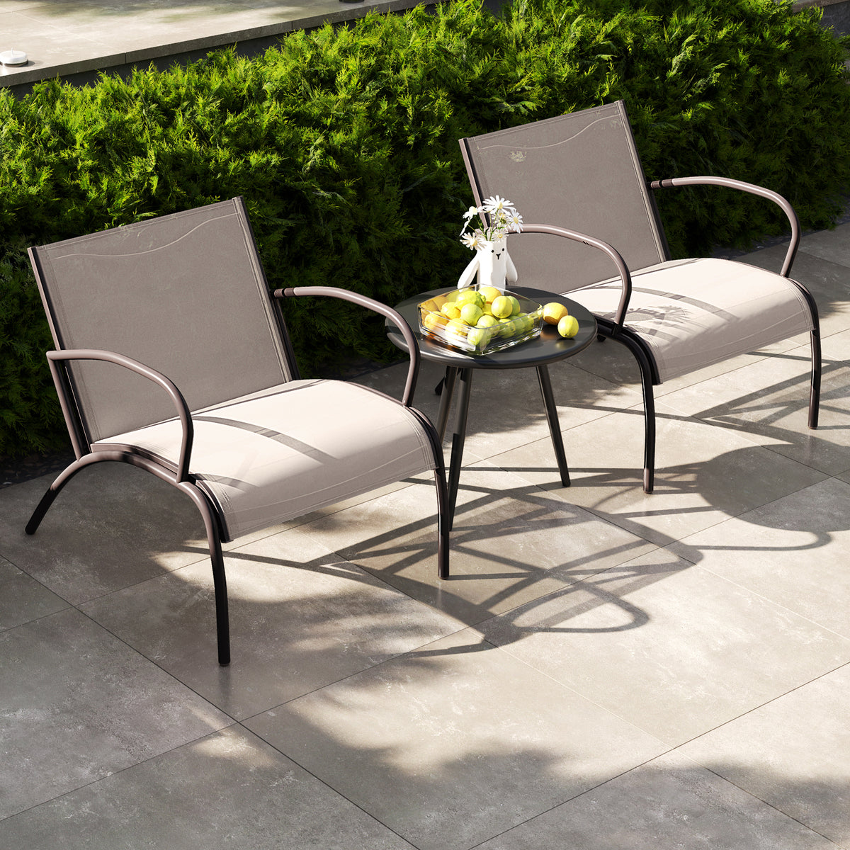 3-Piece Patio Armchair and Side Table Set - Rustic Brown