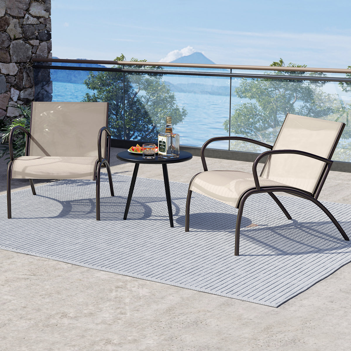 3-Piece Patio Armchair and Side Table Set - Rustic Brown