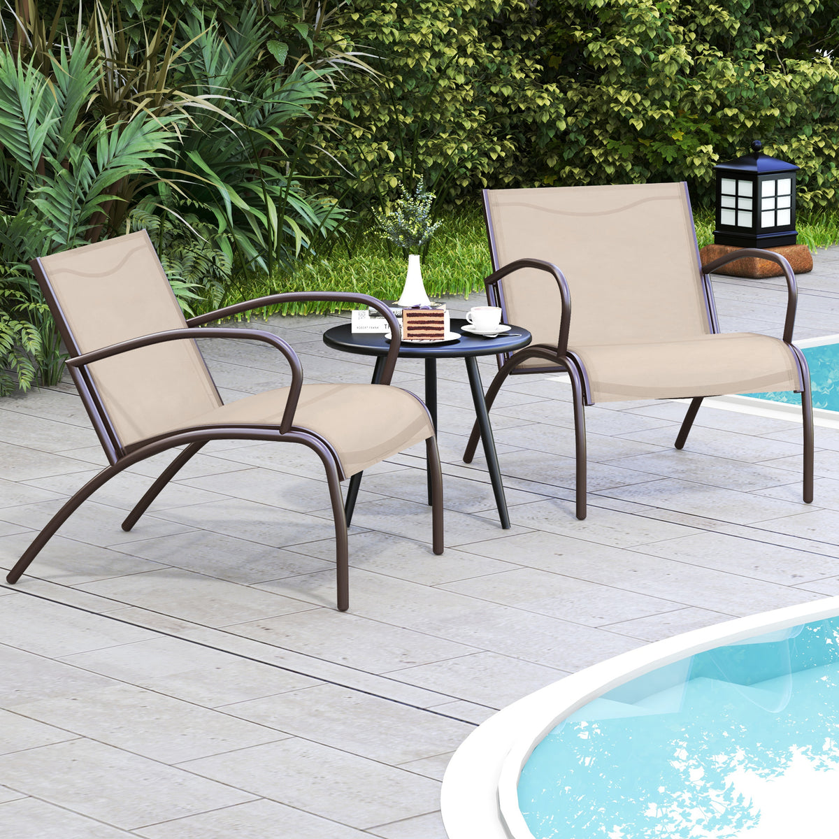 3-Piece Patio Armchair and Side Table Set - Rustic Brown