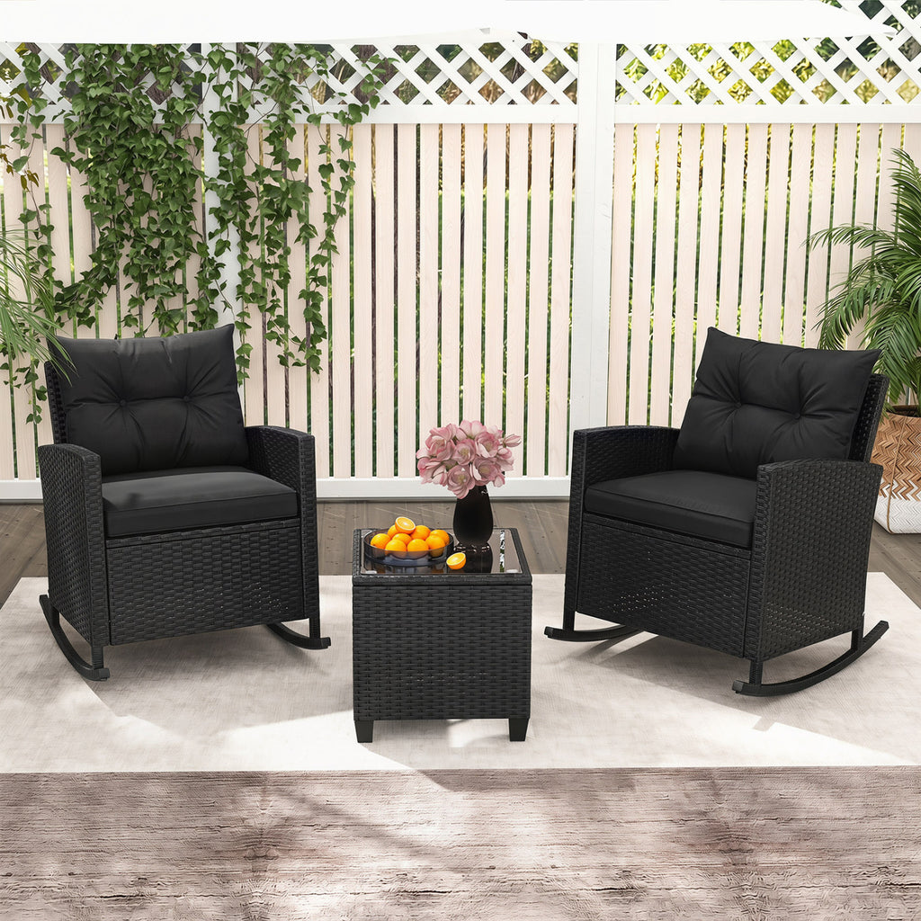 3-Piece Patio Rocking Chair Set with Glass Table - Black & Brown