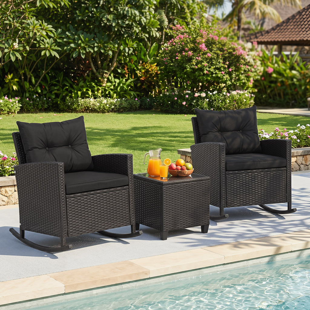 3-Piece Patio Rocking Chair Set with Glass Table - Black & Brown