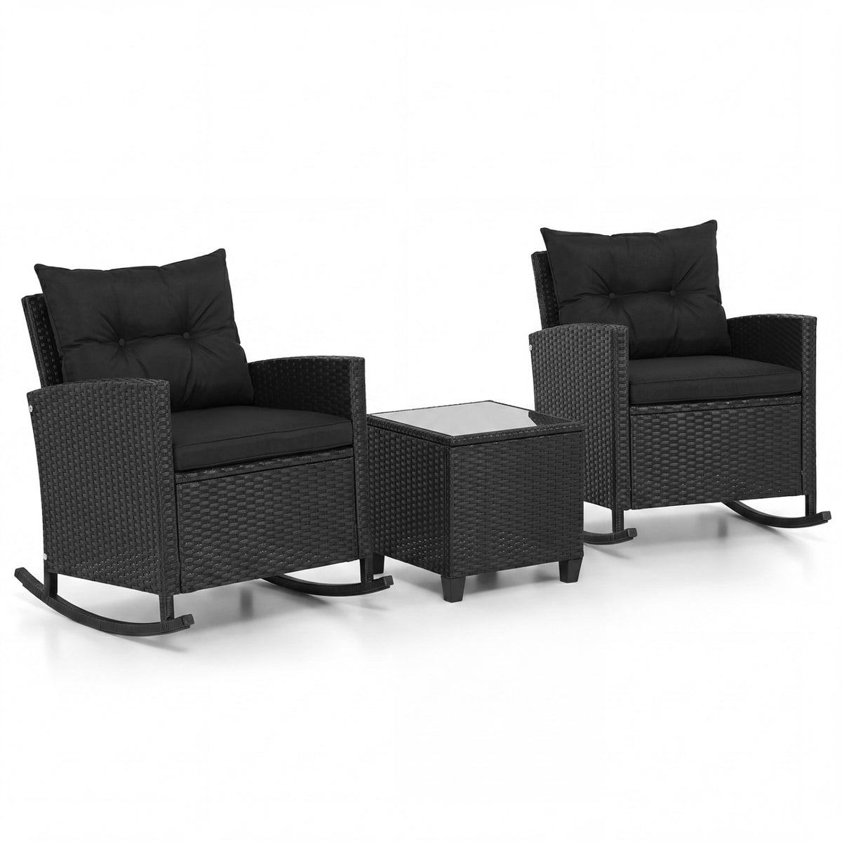 3-Piece Patio Rocking Chair Set with Glass Table - Black & Brown