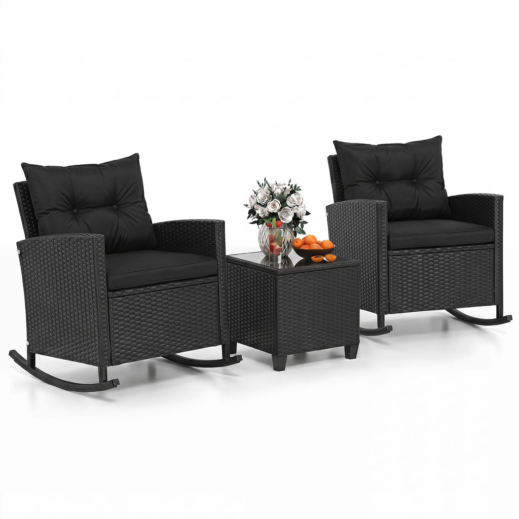 3-Piece Patio Rocking Chair Set with Glass Table - Black & Brown