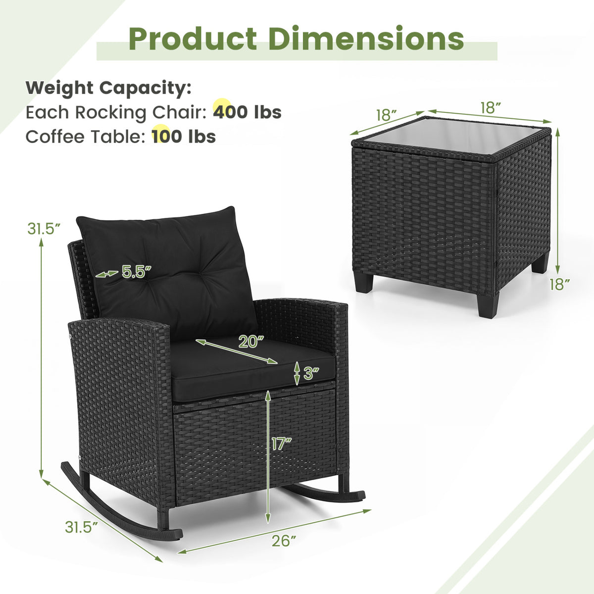 3-Piece Patio Rocking Chair Set with Glass Table - Black & Brown