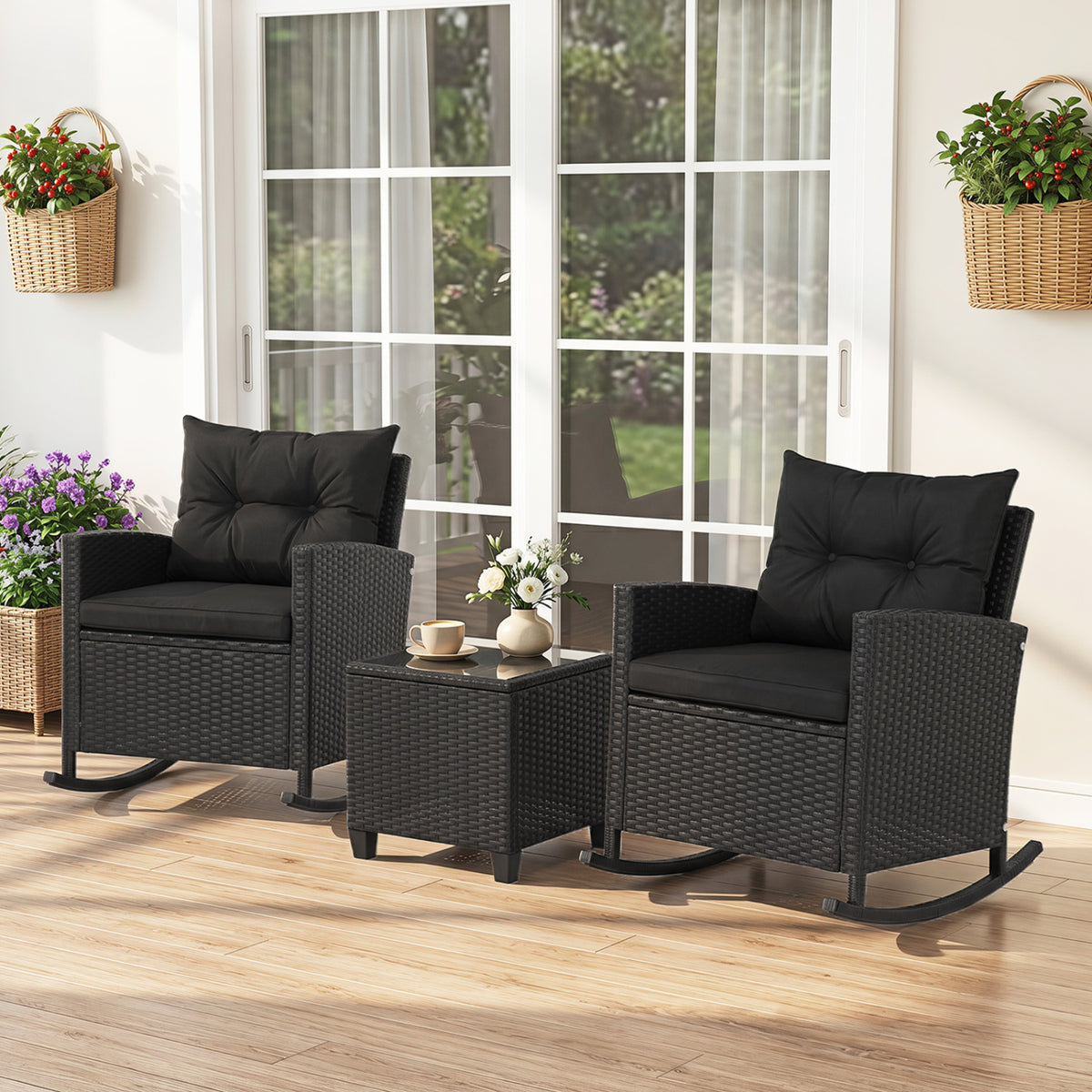 3-Piece Patio Rocking Chair Set with Glass Table - Black & Brown
