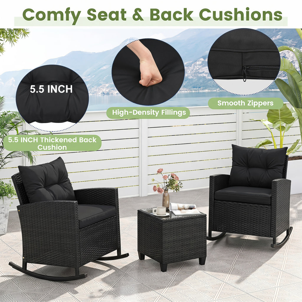 3-Piece Patio Rocking Chair Set with Glass Table - Black & Brown