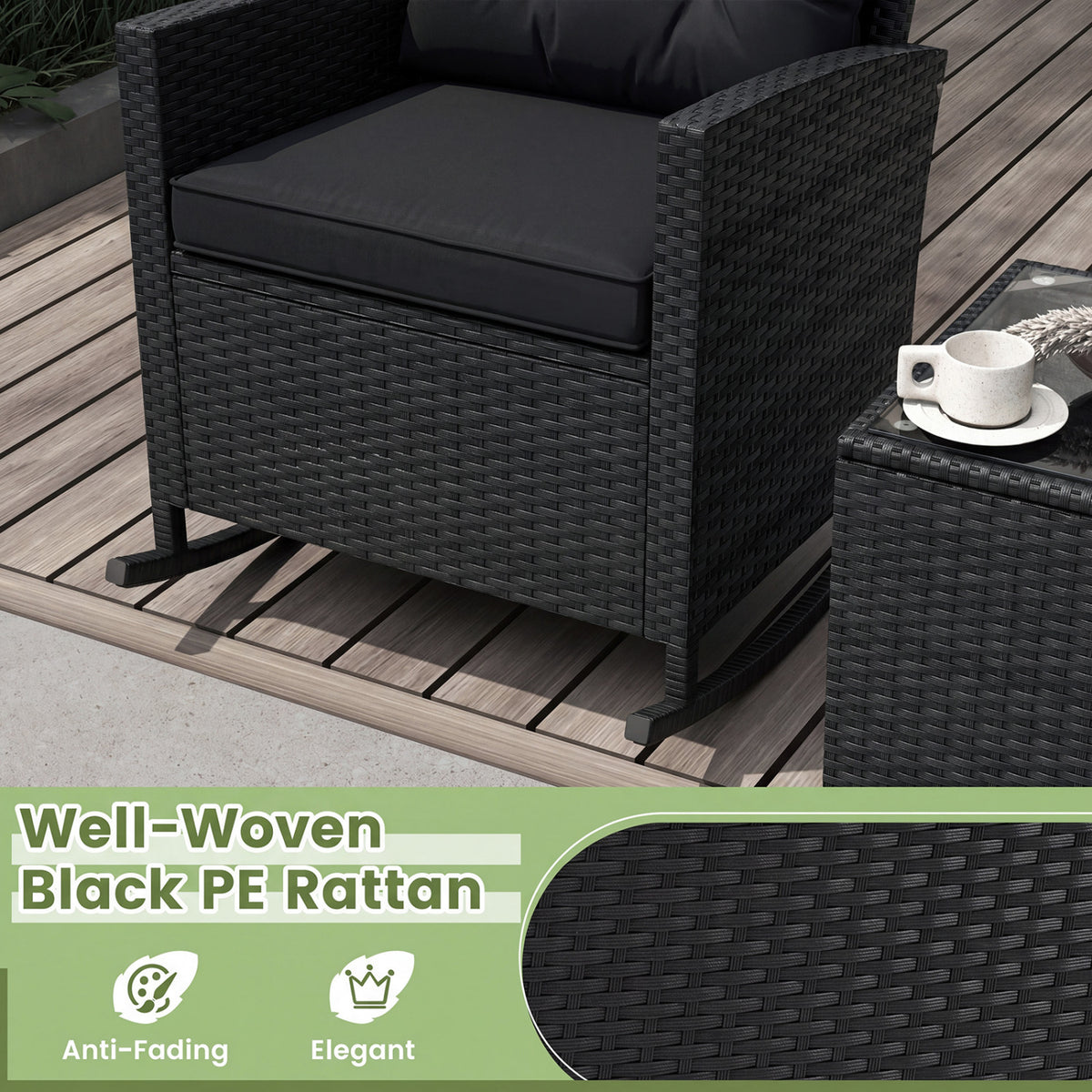 3-Piece Patio Rocking Chair Set with Glass Table - Black & Brown