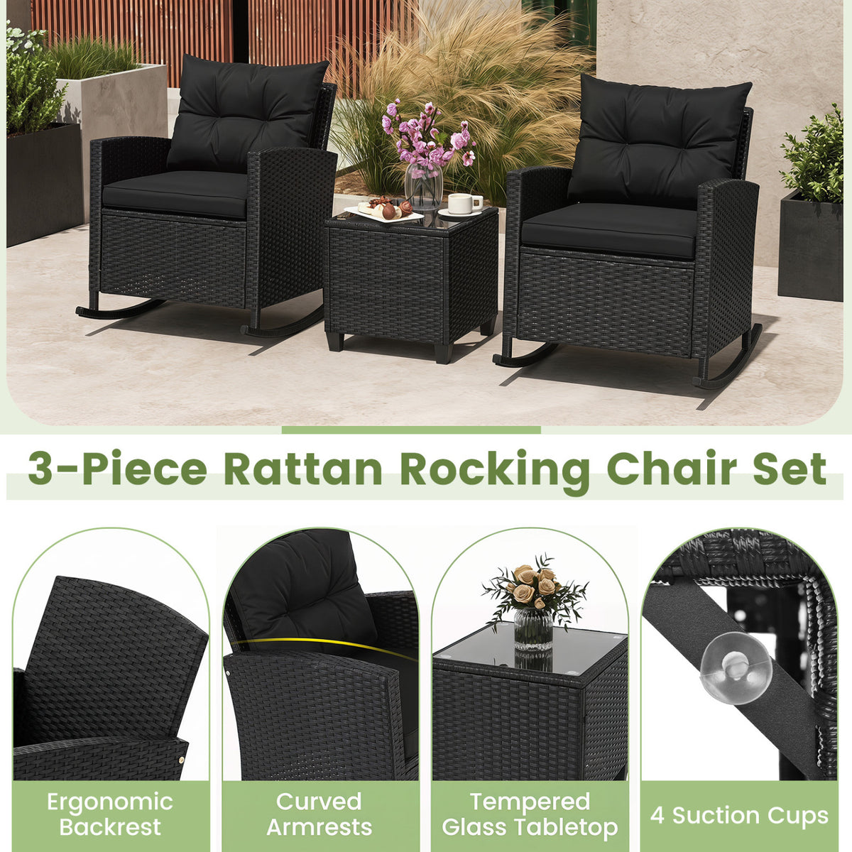 3-Piece Patio Rocking Chair Set with Glass Table - Black & Brown