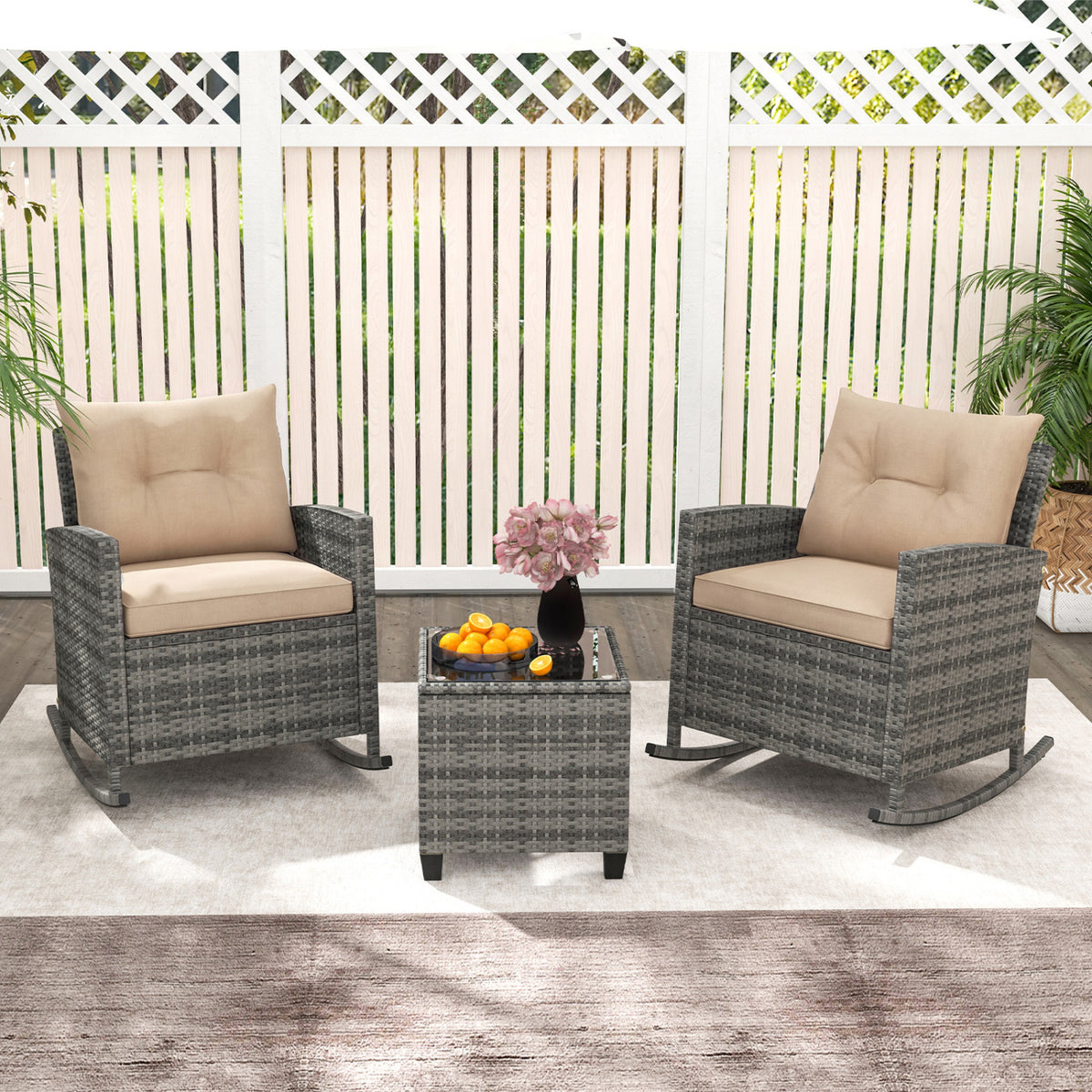 Patio Rattan Rocker Chairs with Glass Table & Cushions - Style B, Yellow