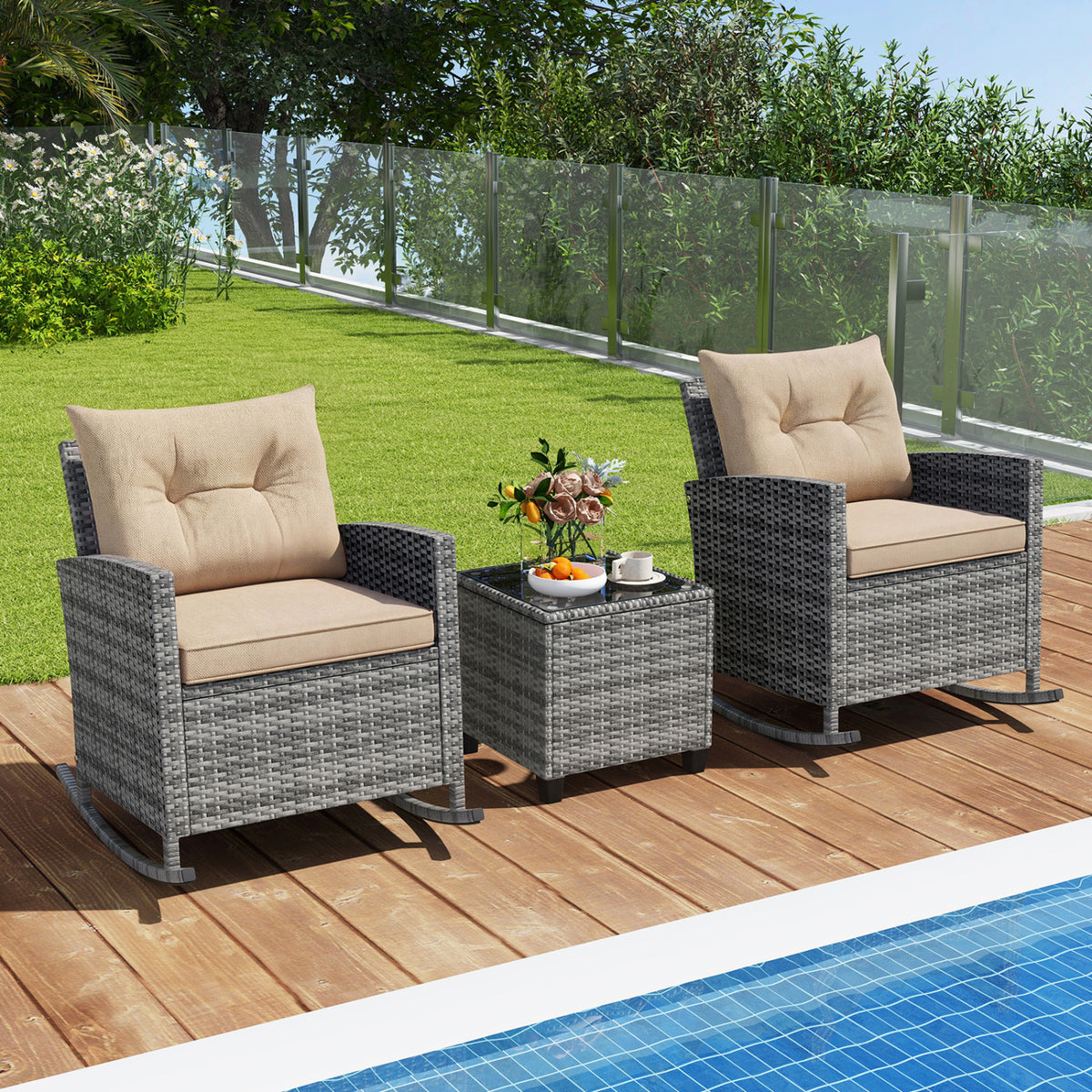 Patio Rattan Rocker Chairs with Glass Table & Cushions - Style B, Yellow
