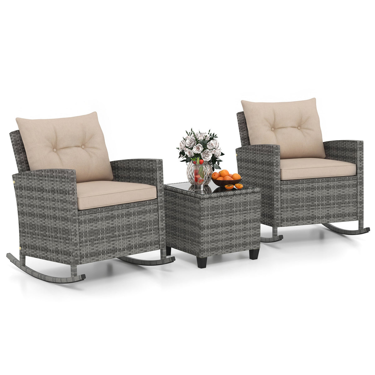 Patio Rattan Rocker Chairs with Glass Table & Cushions - Style B, Yellow