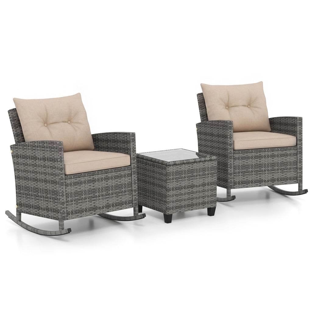 Patio Rattan Rocker Chairs with Glass Table & Cushions - Style B, Yellow