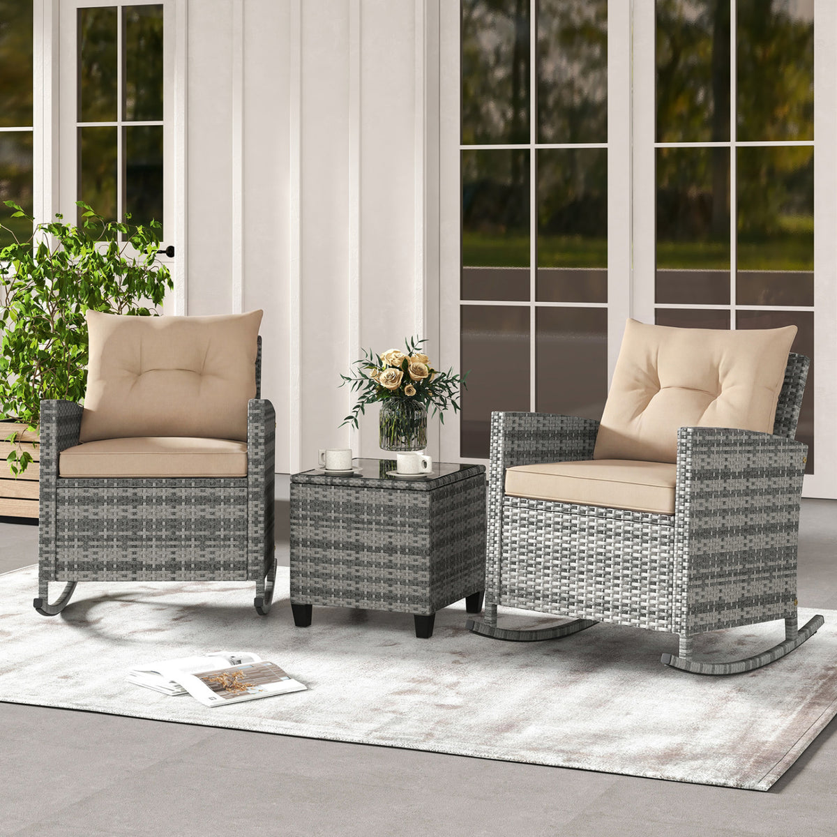 Patio Rattan Rocker Chairs with Glass Table & Cushions - Style B, Yellow