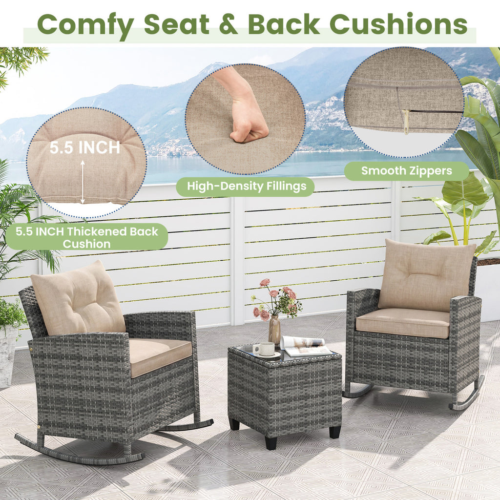 Patio Rattan Rocker Chairs with Glass Table & Cushions - Style B, Yellow