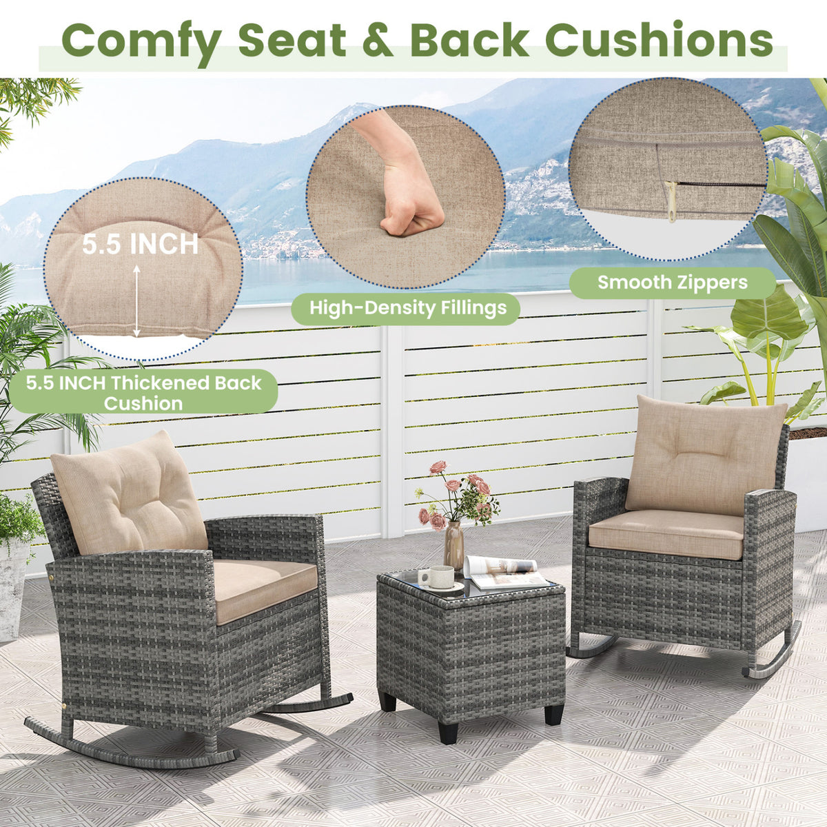 Patio Rattan Rocker Chairs with Glass Table & Cushions - Style B, Yellow