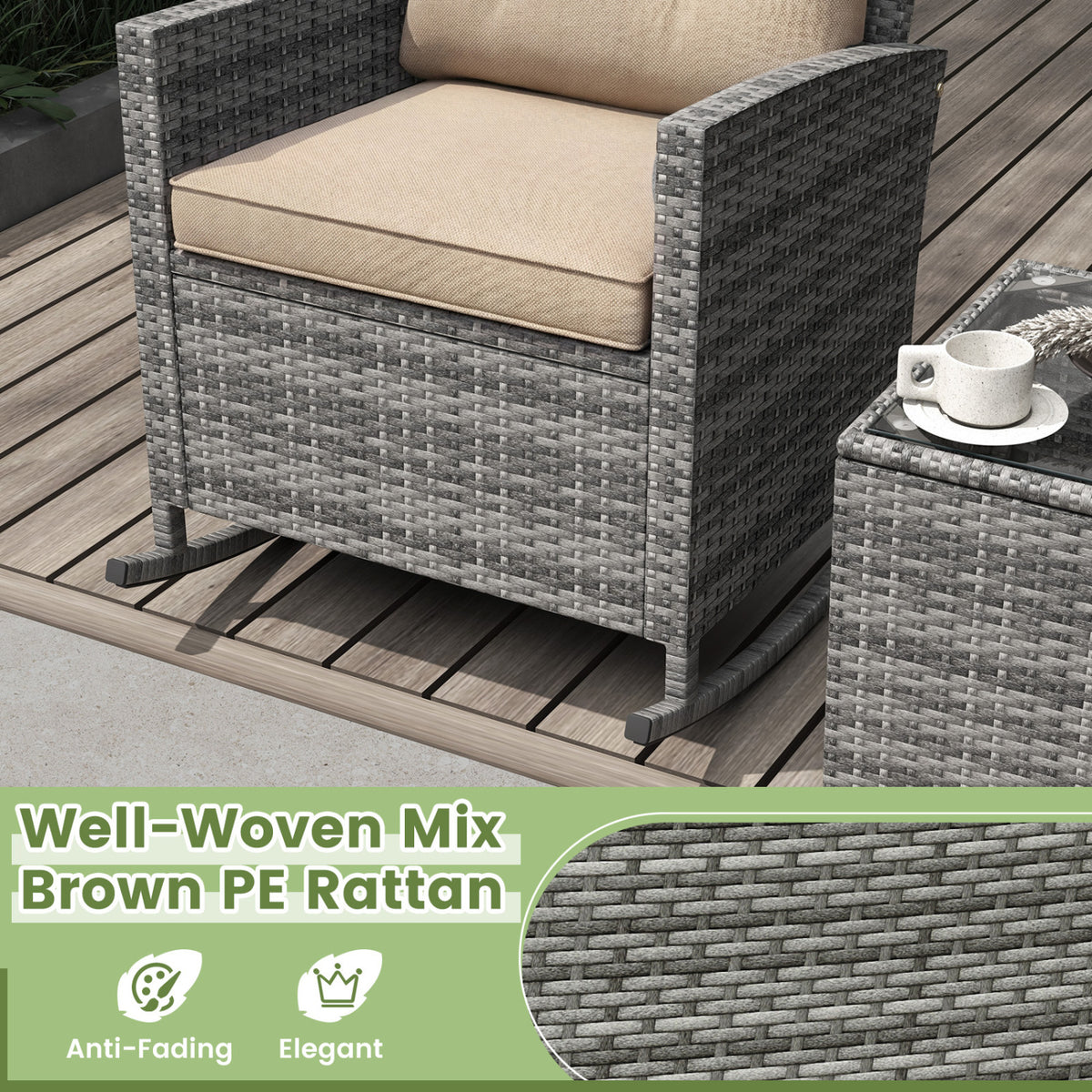 Patio Rattan Rocker Chairs with Glass Table & Cushions - Style B, Yellow