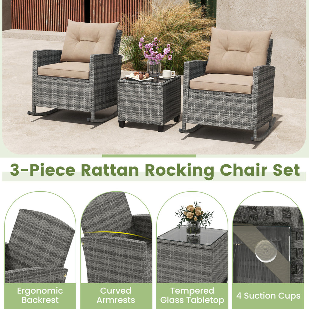 Patio Rattan Rocker Chairs with Glass Table & Cushions - Style B, Yellow