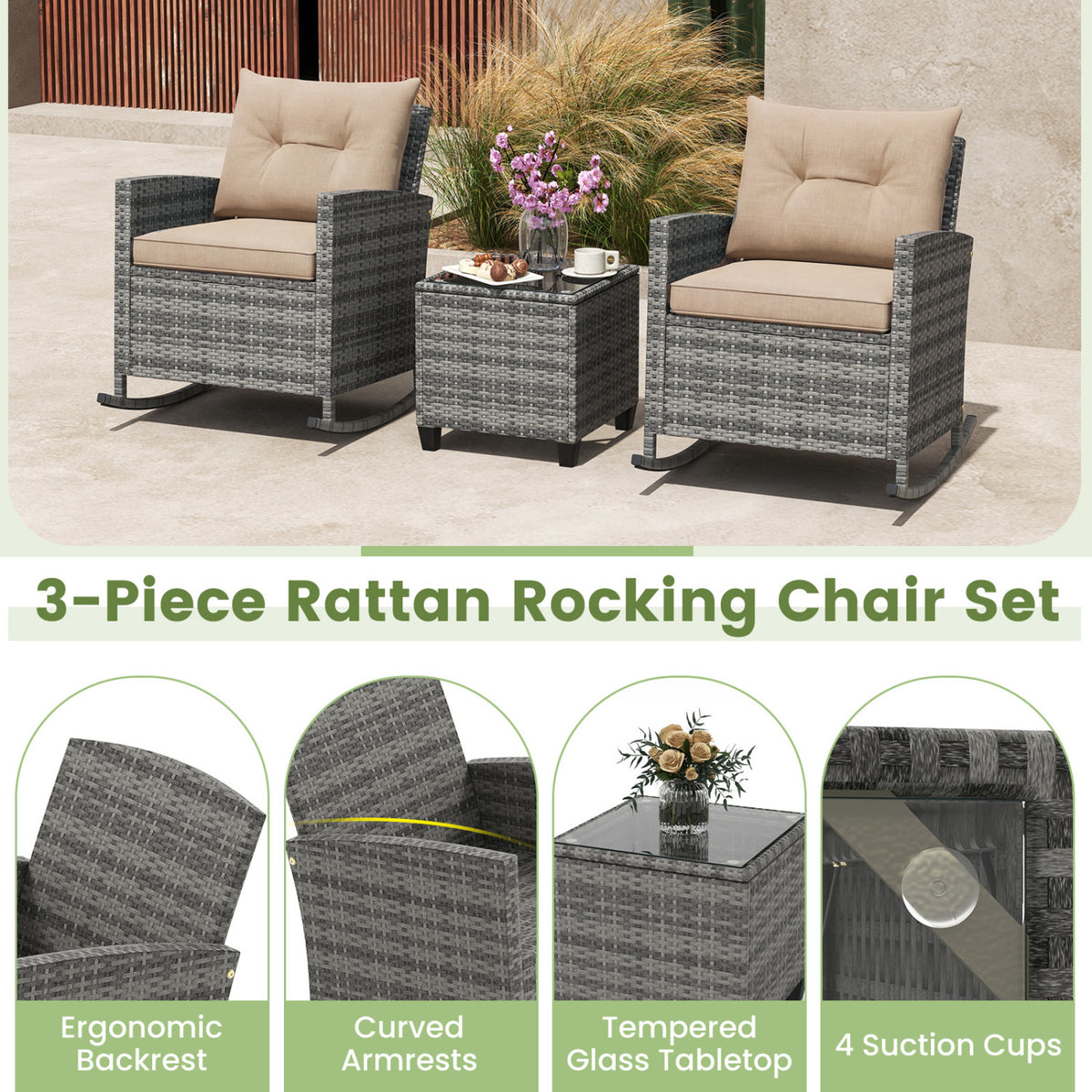 Patio Rattan Rocker Chairs with Glass Table & Cushions - Style B, Yellow