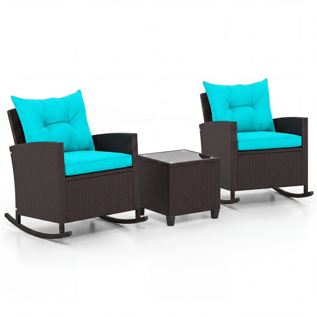 3-Piece Patio Rocking Chair Set with Glass Table - Turquoise