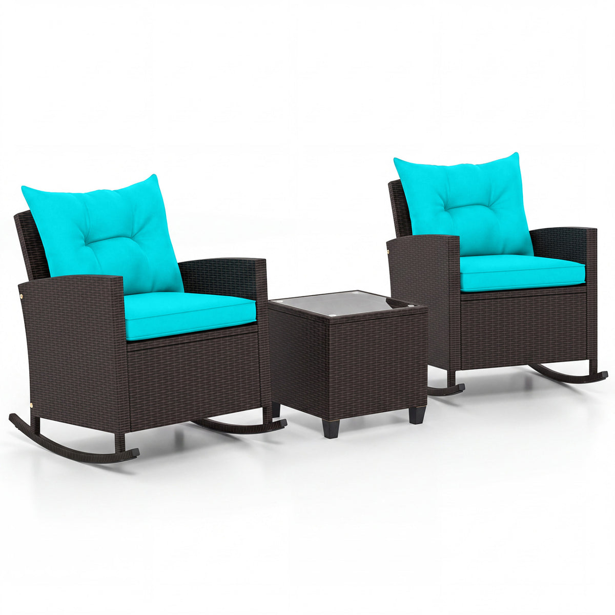 3-Piece Patio Rocking Chair Set with Glass Table - Turquoise