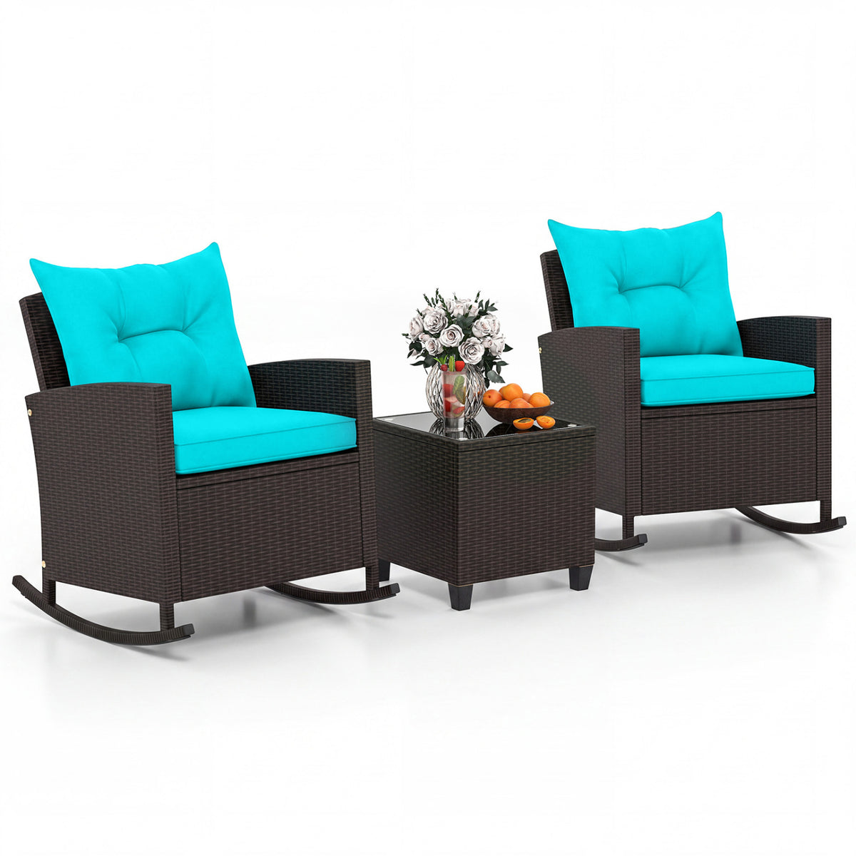 3-Piece Patio Rocking Chair Set with Glass Table - Turquoise