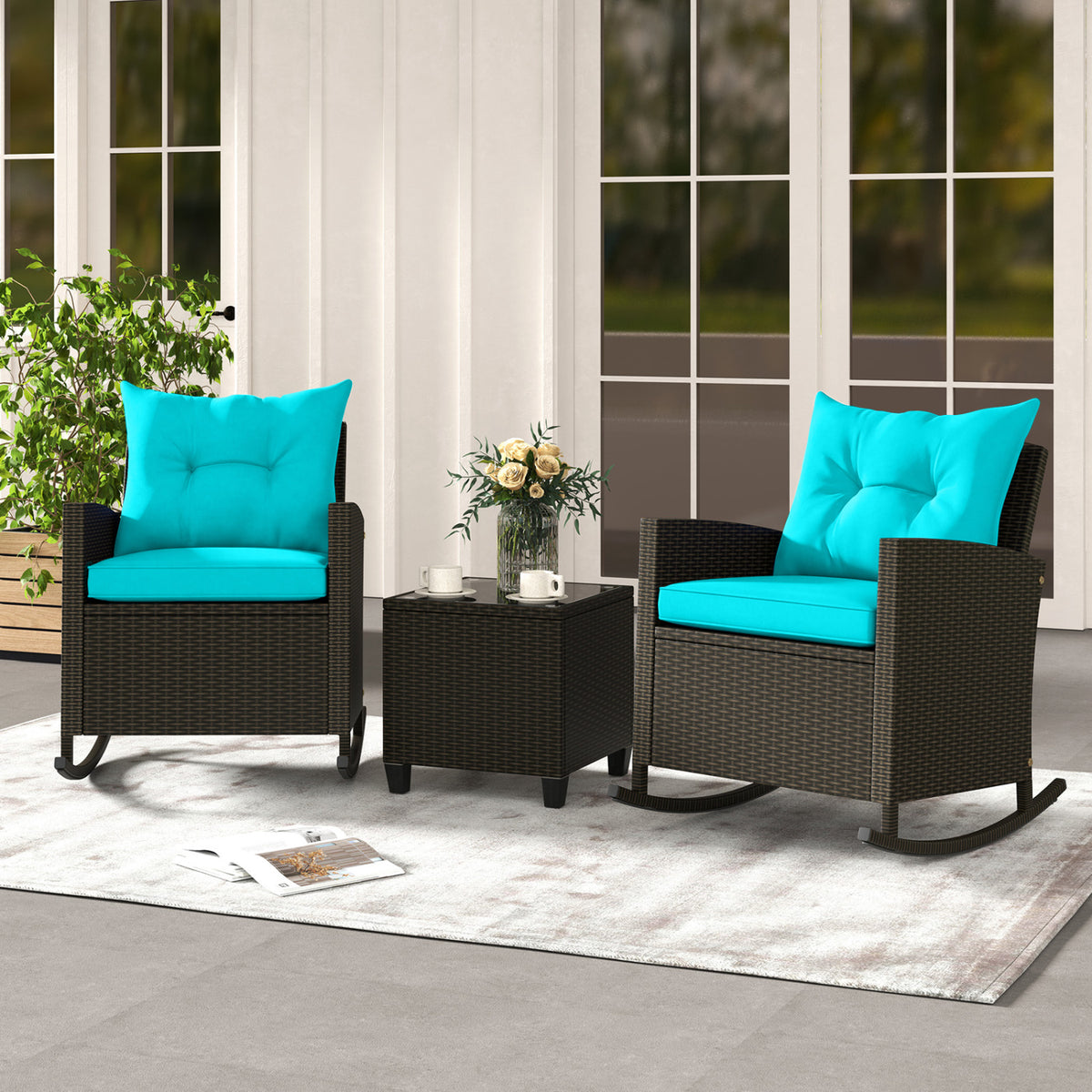 3-Piece Patio Rocking Chair Set with Glass Table - Turquoise
