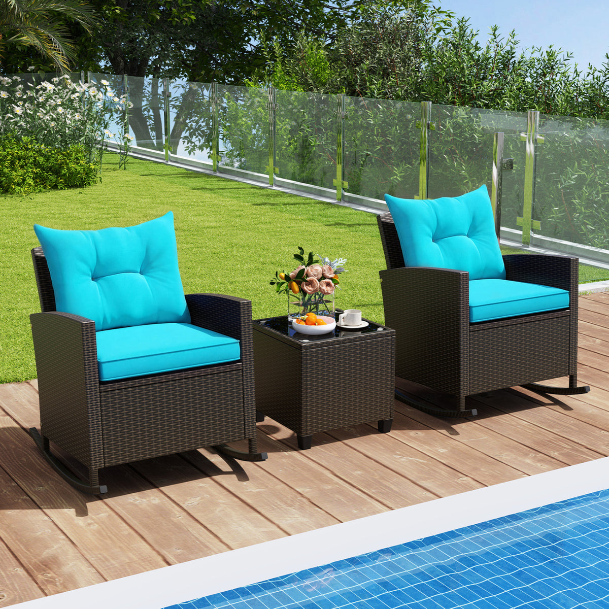 3-Piece Patio Rocking Chair Set with Glass Table - Turquoise