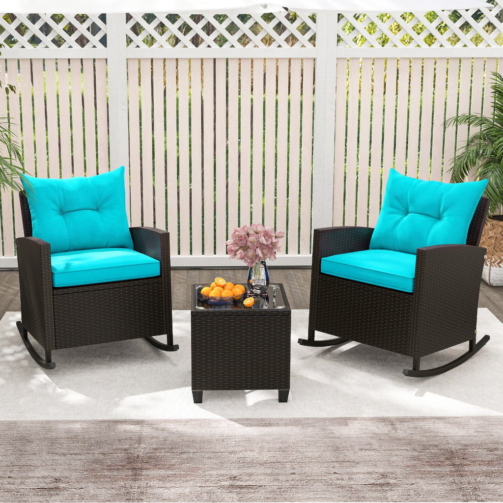 3-Piece Patio Rocking Chair Set with Glass Table - Turquoise