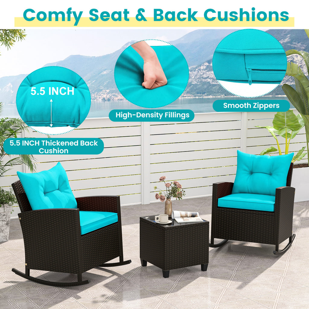 3-Piece Patio Rocking Chair Set with Glass Table - Turquoise