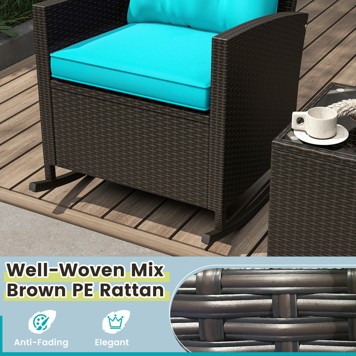 3-Piece Patio Rocking Chair Set with Glass Table - Turquoise