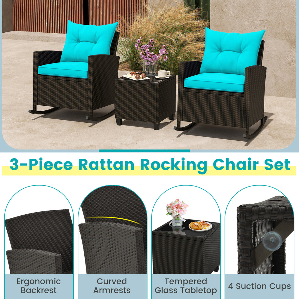 3-Piece Patio Rocking Chair Set with Glass Table - Turquoise